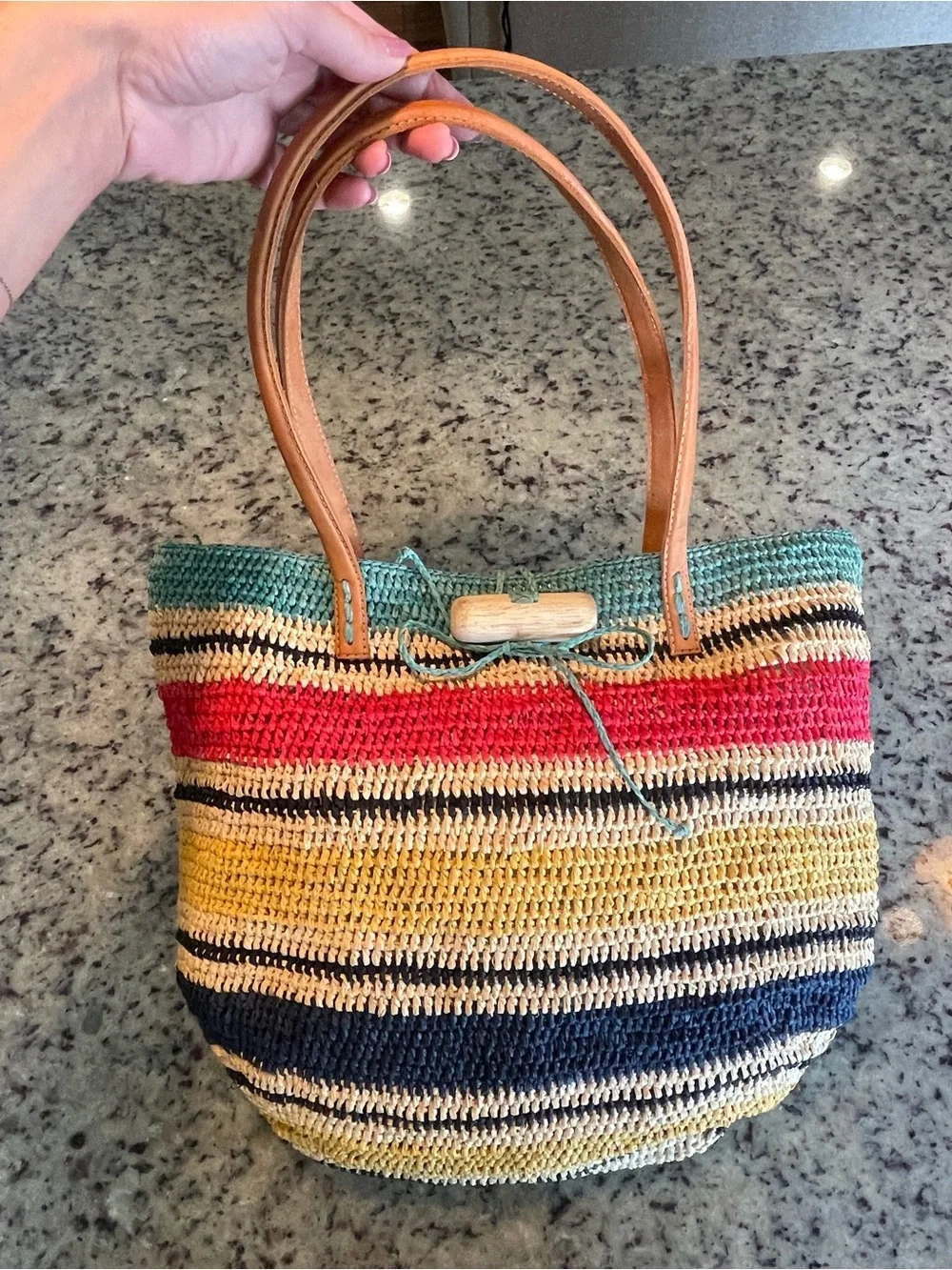 Mar y sol Striped Straw Tote Bag with Leather Handles - Multicolor